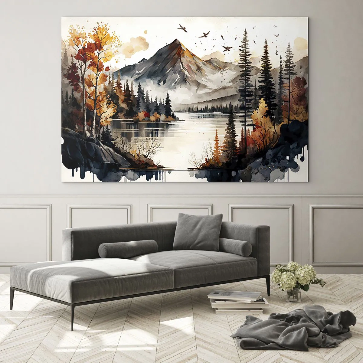 Obraz na skle - Podzimní horská krajina s jezerem a lesem - 70x50cm - Zlatý podzim na horách - Moderní nástěnná dekorace do obývacího pokoje a ložnice ARTTOR