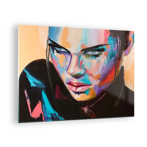 Obraz na skle - Portrét ženy v zářivých barvách na abstraktním pozadí - 70x50cm - Divokost srdce - Moderní nástěnná dekorace do obývacího pokoje a ložnice ARTTOR