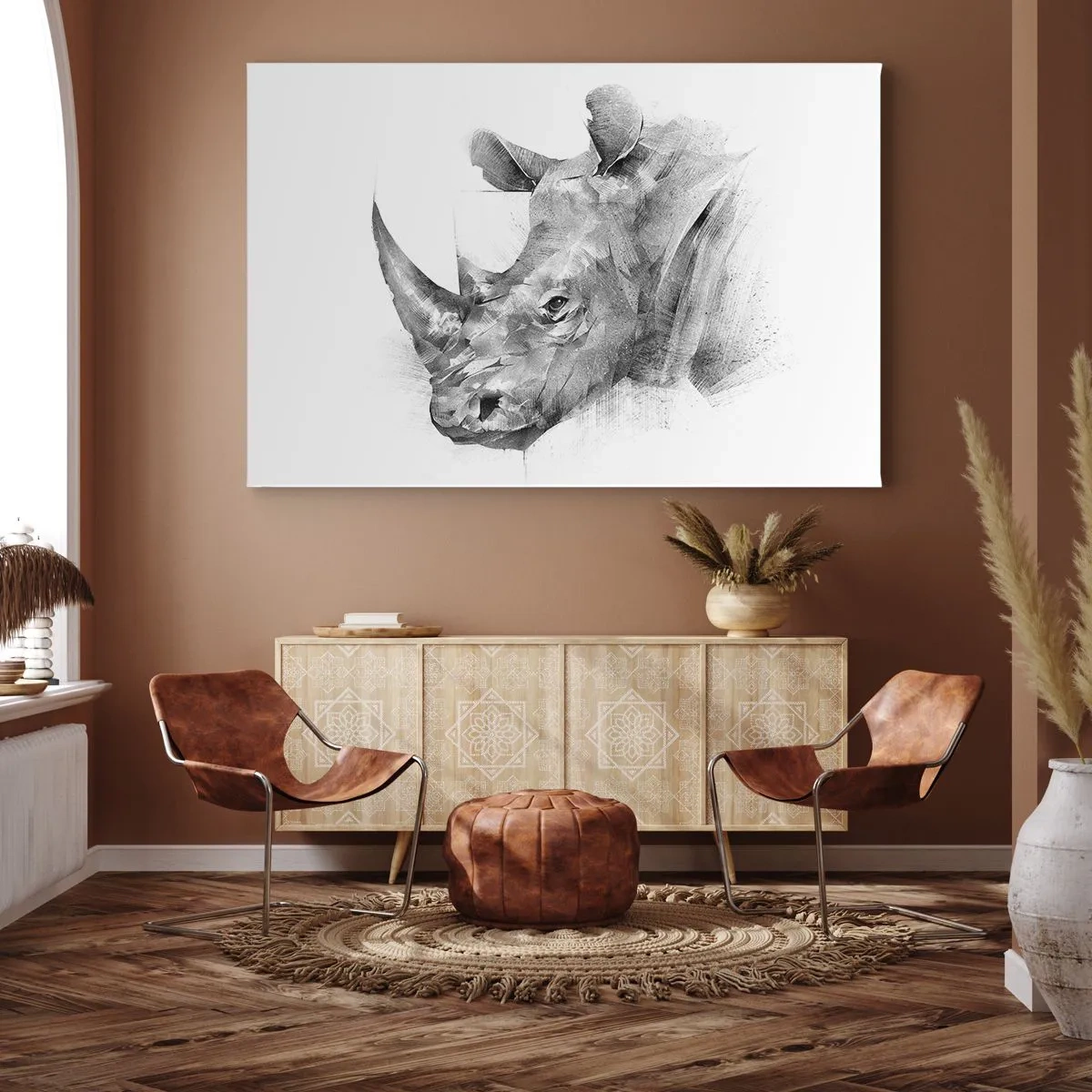 Obraz na plátně - Umělecký portrét nosorožce v černé a bílé - 70x50cm - Africký portrét - Moderní nástěnná dekorace do obývacího pokoje a ložnice ARTTOR