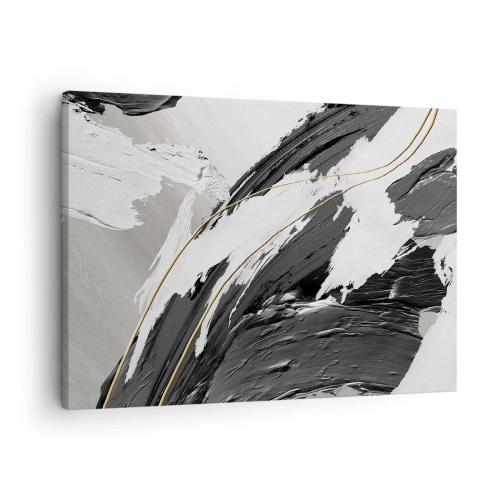 Obraz na plátně - Černobílé tahy barvy s jemným zlatým akcentem - 70x50cm - Velkorysá abstrakce - Moderní nástěnná dekorace do obývacího pokoje a ložnice ARTTOR