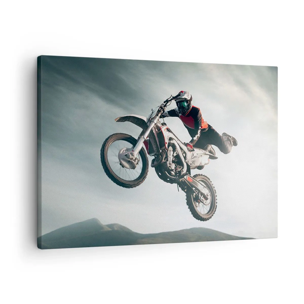 Obraz na plátně - Motocyklista ve vzduchu během skoku - 70x50cm - Není zábava bez rizika - Moderní nástěnná dekorace do obývacího pokoje a ložnice ARTTOR