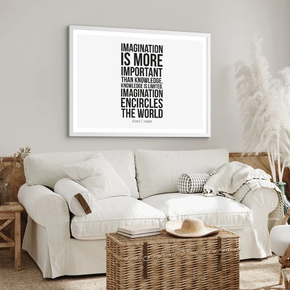 Plakát v bílém rámu - Einstein o síle představivosti - 91x61 cm