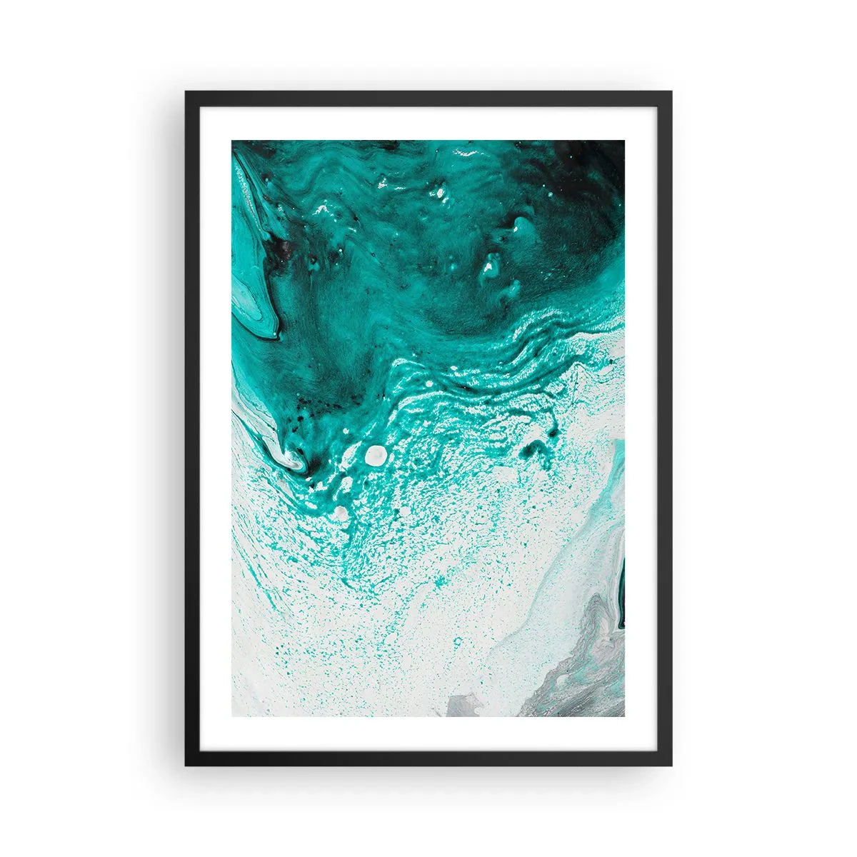 Plakát v černém rámu - Abstraktní vzor v tyrkysové a bílé barvě - 50x70cm - Propadnout v bílé a tyrkysové - Moderní nástěnná dekorace do obývacího pokoje a ložnice ARTTOR