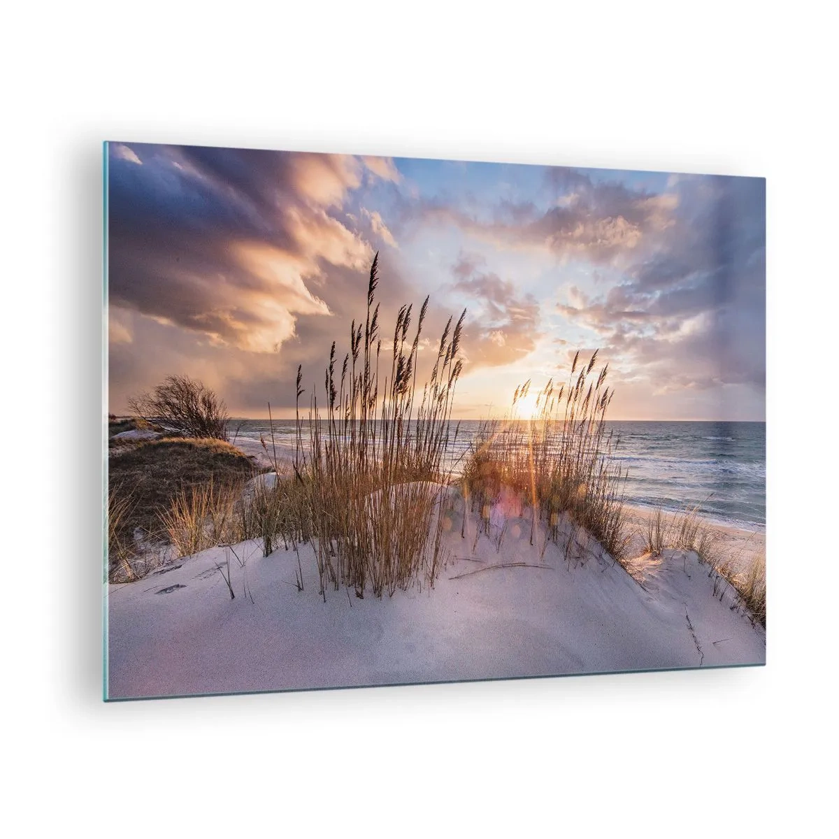 Obraz na skle - Západ slunce nad mořem skrz přímořské trávy - 70x50cm - Rozloučení se sluncem a větrem - Moderní nástěnná dekorace do obývacího pokoje a ložnice ARTTOR