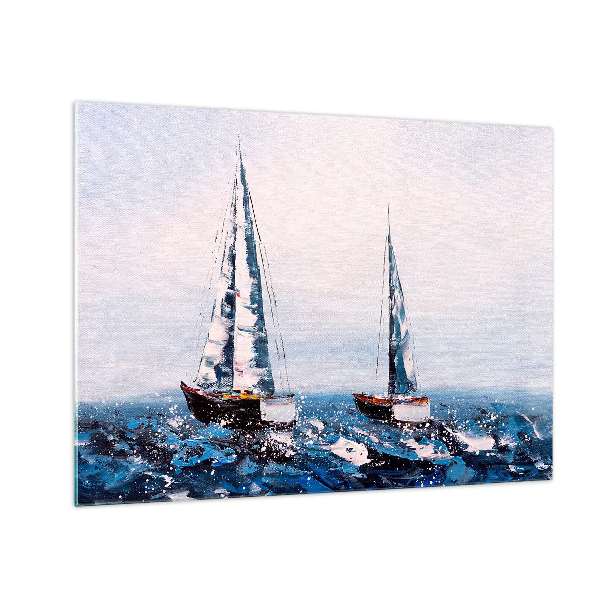 Obraz na skle - Dvě jachty na rozbouřeném moři v impresionistickém malířském stylu. - 70x50cm - Bratrství větru - Moderní nástěnná dekorace do obývacího pokoje a ložnice ARTTOR