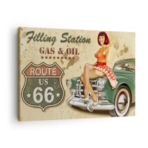 Obraz na plátně - Retro plakát Route 66 s pin-up girl a autem - 70x50cm - Skvělá 40. léta - Moderní nástěnná dekorace do obývacího pokoje a ložnice ARTTOR