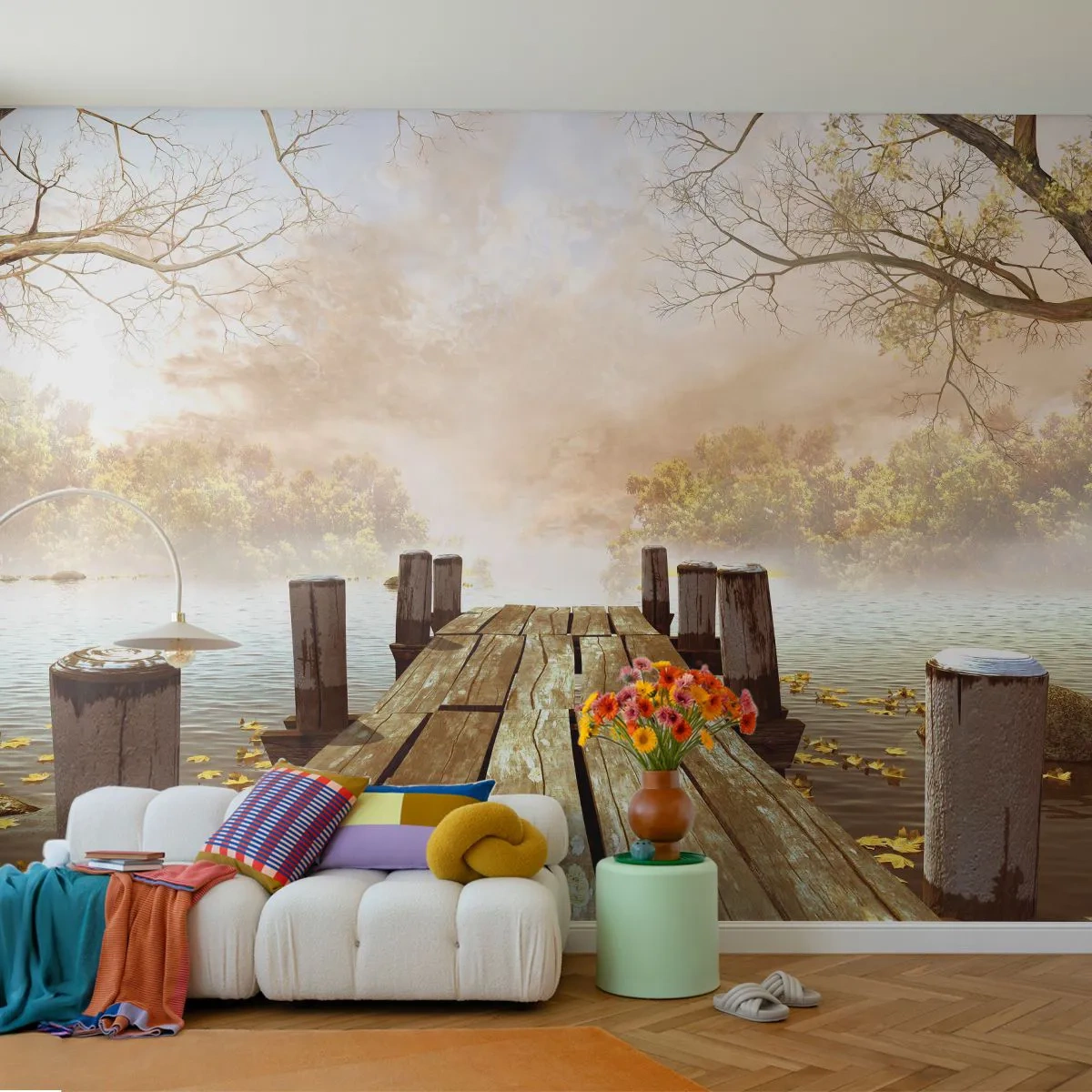 Fototapeta Samolepicí Deluxe Sticker - Jemný smutek podzimu - Krajina, jezero, Dřevěný most - 250x175 cm