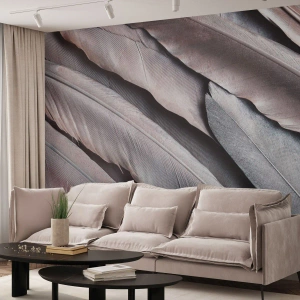 Fototapeta Premium Canvas - V růžové a stříbrné - Ptačí pírko, Grafika, Boho - 250x175 cm