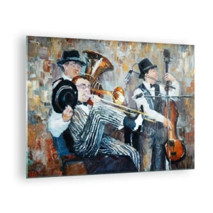 Obraz na skle - Jazzová kapela v atmosférické impresionistické scéně - 70x50cm - Celý tento jazz - Moderní nástěnná dekorace do obývacího pokoje a ložnice ARTTOR