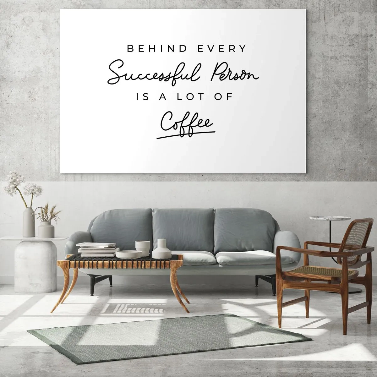 Obraz na skle - Motivační citát o úspěchu a kávě v minimalistickém stylu. - 70x50cm - Tajemství úspěchu - Moderní nástěnná dekorace do obývacího pokoje a ložnice ARTTOR