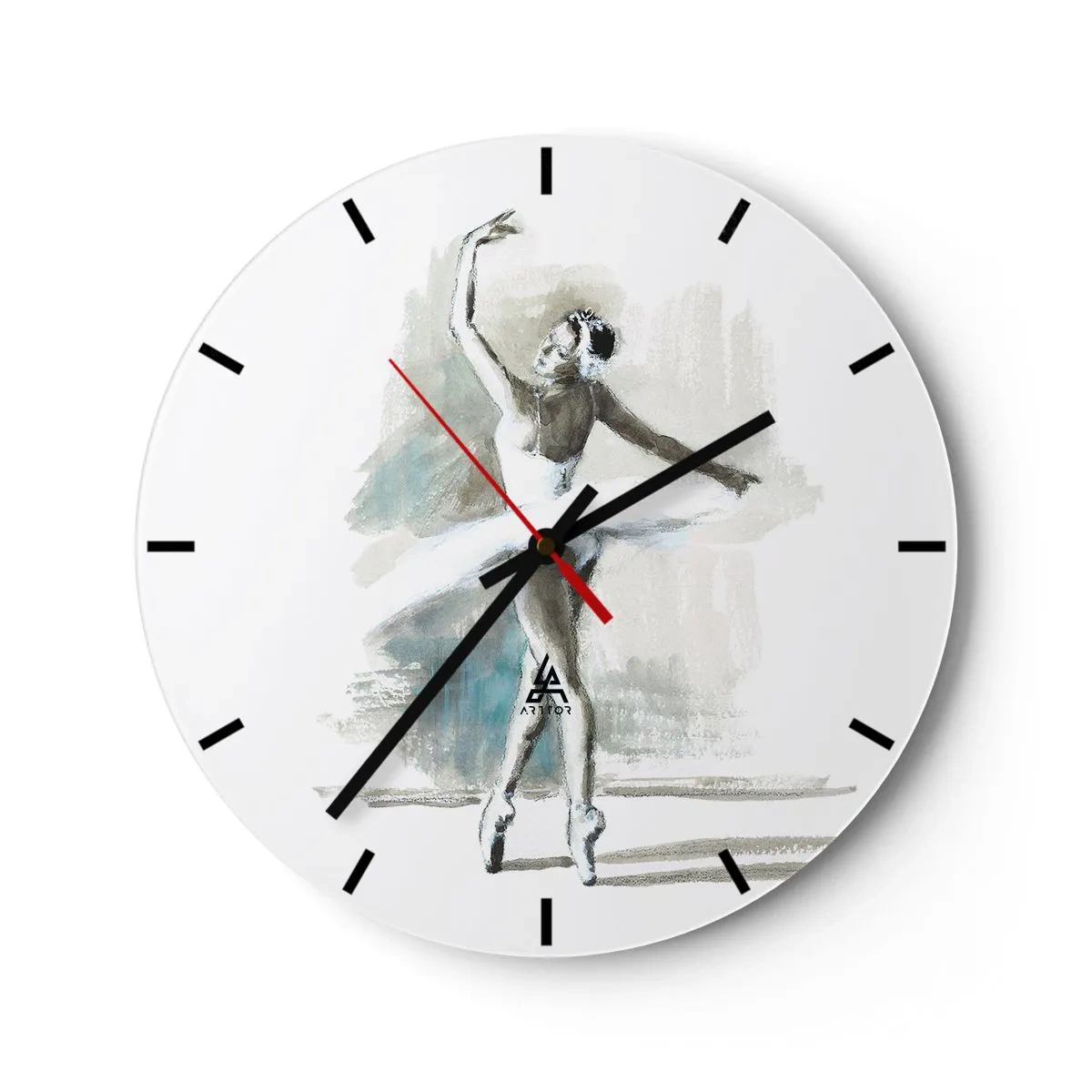 Nástěnné hodiny - Baletka v bílém oblečení zachycená v taneční póze - 30x30cm - Zakletá do labutě - Moderní nástěnná dekorace do obývacího pokoje, kuchyně a ložnice ARTTOR