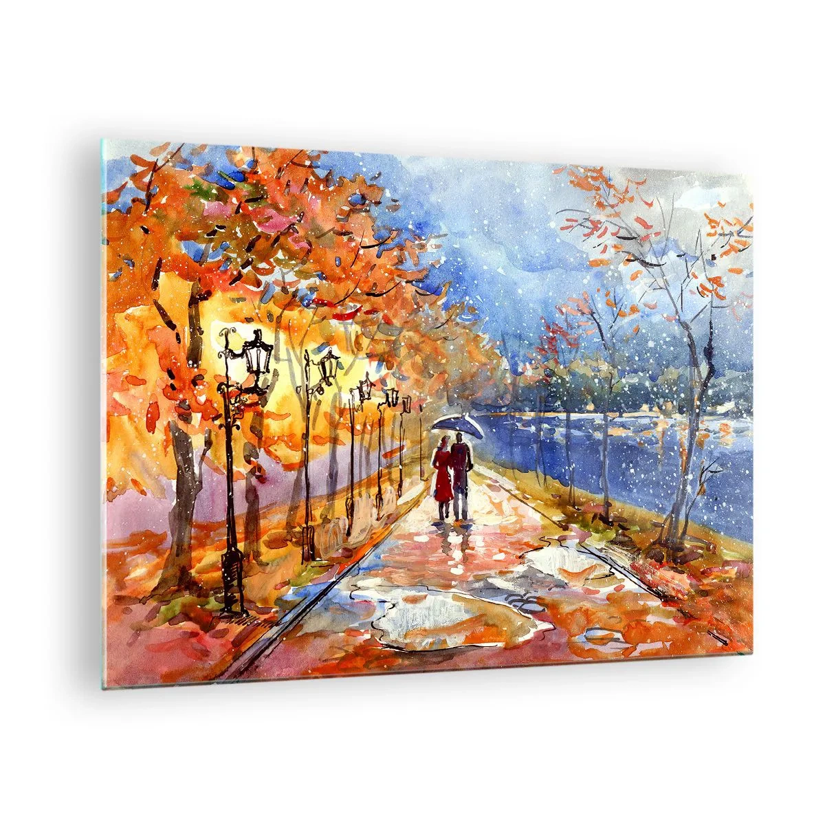 Obraz na skle - Podzimní procházka po aleji s barevným listím a lucernami - 70x50cm - Společně k hranici času - Moderní nástěnná dekorace do obývacího pokoje a ložnice ARTTOR