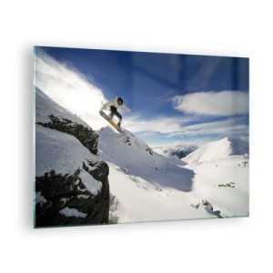 Obraz na skle - Snowboardista skáče z útesu v horách v zimě - 70x50cm - Svoboda bez hranic - Moderní nástěnná dekorace do obývacího pokoje a ložnice ARTTOR