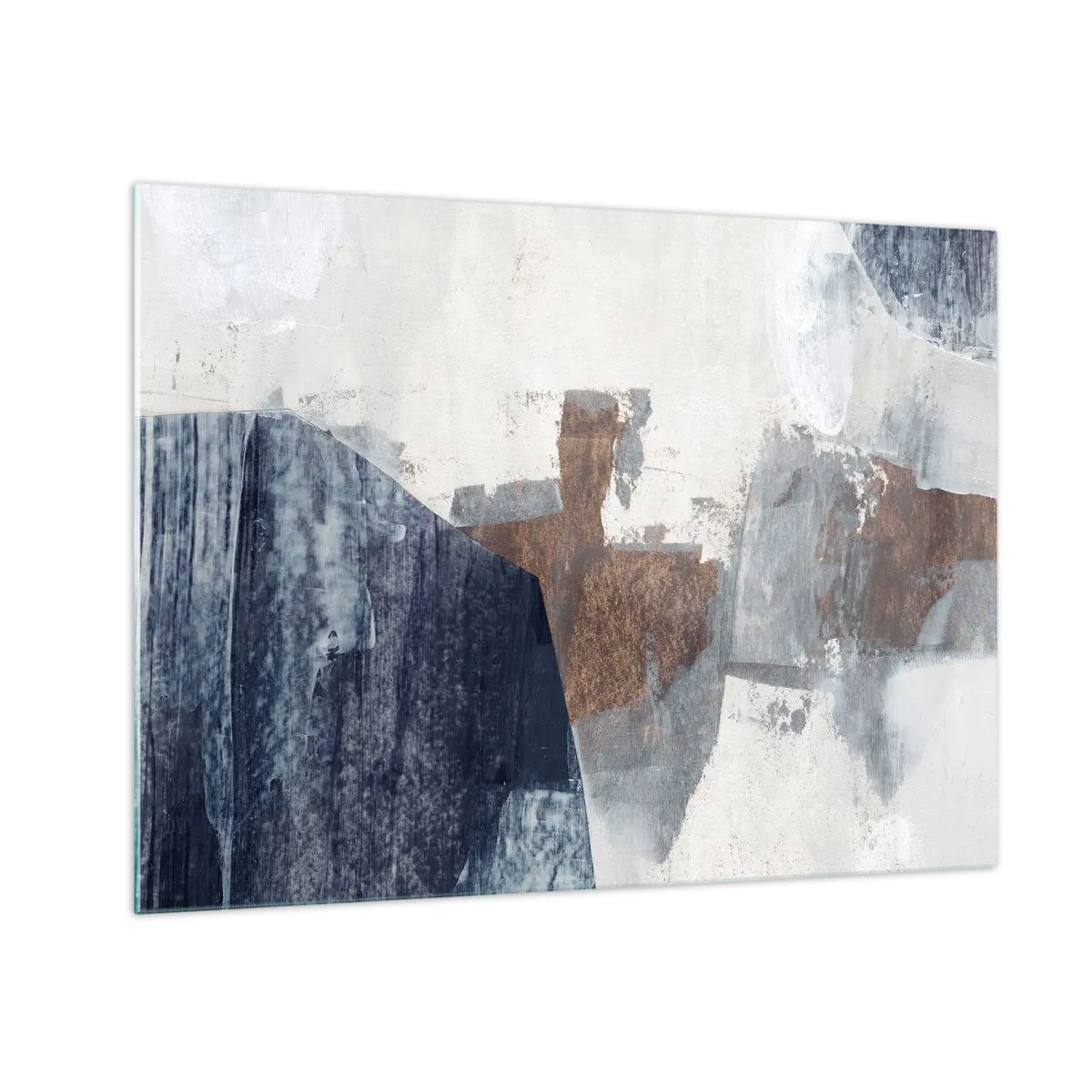 Obraz na skle - Geometrické tvary v modré, hnědé a bílé - 70x50cm - Modro-hnědé tvary - Moderní nástěnná dekorace do obývacího pokoje a ložnice ARTTOR