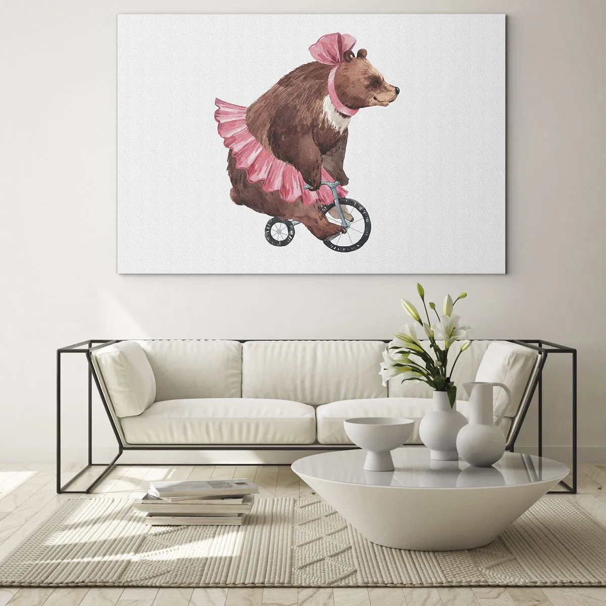 Obraz na skle - Medvěd v růžové sukni na jednokolce - 70x50cm - To je ale cirkus! - Moderní nástěnná dekorace do obývacího pokoje a ložnice ARTTOR