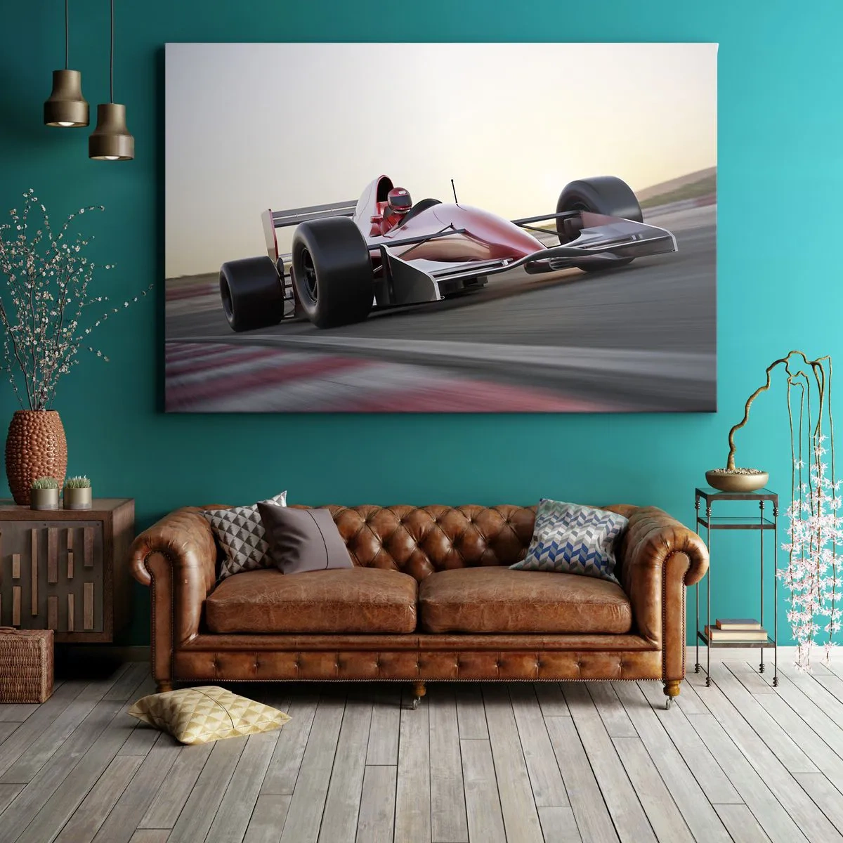 Obraz na plátně - Červený vůz Formule 1 na závodní dráze za jízdy - 70x50cm - Vždy vítěz - Moderní nástěnná dekorace do obývacího pokoje a ložnice ARTTOR
