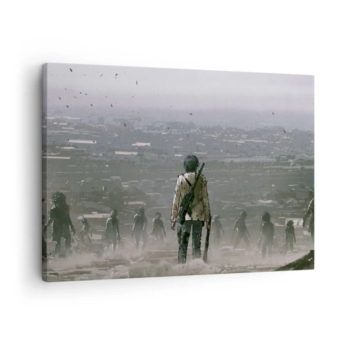 Obraz na plátně - Postava se zbraní stojí před skupinou v dystopické krajině. - 70x50cm - Poslední spravedlivý? - Moderní nástěnná dekorace do obývacího pokoje a ložnice ARTTOR