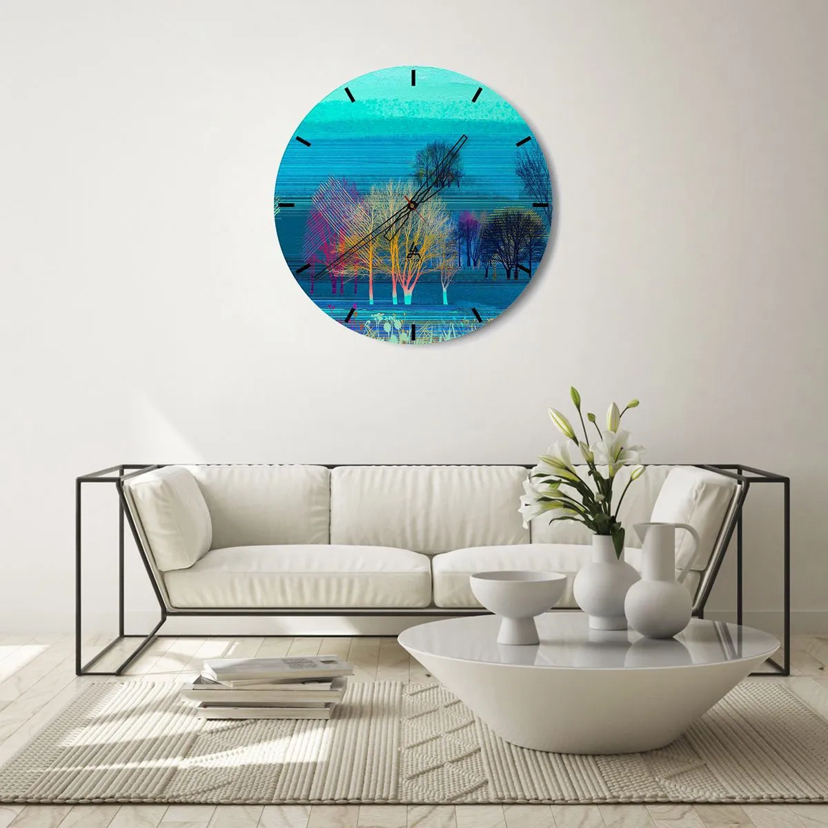 Nástěnné hodiny - Barevné stromy na pozadí abstraktní krajiny - 30x30cm - Fantastická krajina - Moderní nástěnná dekorace do obývacího pokoje, kuchyně a ložnice ARTTOR