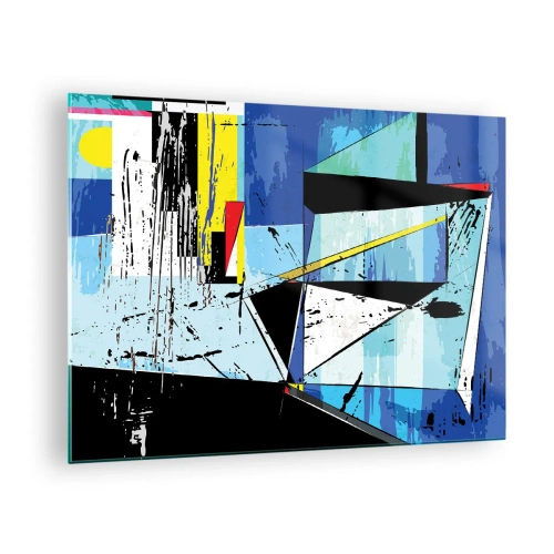 Obraz na skle - Abstraktní geometrická kompozice v odstínech modré - 70x50cm - Dívat se na svět z úhlu… - Moderní nástěnná dekorace do obývacího pokoje a ložnice ARTTOR