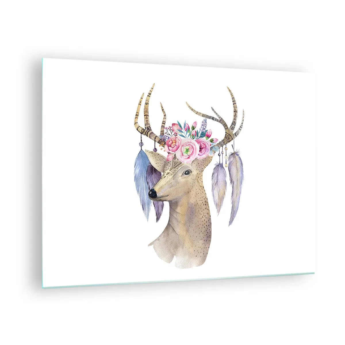 Obraz na skle - Jelen s květinovým věncem a peřím - 70x50cm - Průvodce duše - jemný, nevinný - Moderní nástěnná dekorace do obývacího pokoje a ložnice ARTTOR