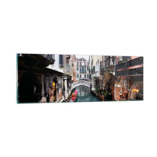 Obraz na skle - Benátská krajina s gondolou a můstkem - 90x30 cm