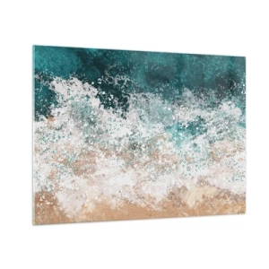 Obraz na skle - Abstraktní mořské vlny v odstínech tyrkysové, bílé a pískově béžové - 70x50cm - Mořské příběhy - Moderní nástěnná dekorace do obývacího pokoje a ložnice ARTTOR