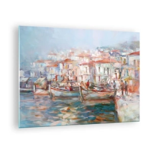Obraz na skle - Malebný přístav s loděmi v pastelových barvách - 70x50cm - Pastelová dovolená - Moderní nástěnná dekorace do obývacího pokoje a ložnice ARTTOR