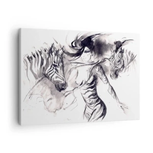 Obraz na plátně - Žena v dynamickém tanci se zebrami v černobílé estetice - 70x50cm - Tančící se zebrami - Moderní nástěnná dekorace do obývacího pokoje a ložnice ARTTOR