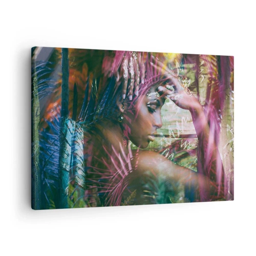 Obraz na plátně - Portrét ženy obklopené exotickou vegetací - 70x50cm - Matka příroda v džungli - Moderní nástěnná dekorace do obývacího pokoje a ložnice ARTTOR