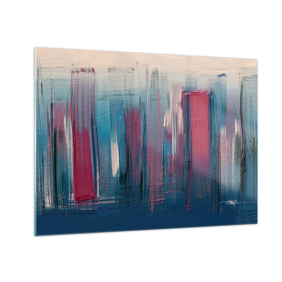 Obraz na skle - Vertikální tahy štětcem v červené a modré barvě na béžovém pozadí - 70x50cm - Vertikální kompozice v modré a červené - Moderní nástěnná dekorace do obývacího pokoje a ložnice ARTTOR