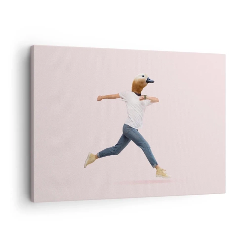 Obraz na plátně - Surrealistická postava s kachní hlavou v pohybu - 70x50cm - Špetka absurdity - Moderní nástěnná dekorace do obývacího pokoje a ložnice ARTTOR