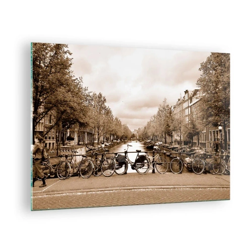 Obraz na skle - Amsterdamský most s retro koly - 70x50cm - Nizozemské klima - Moderní nástěnná dekorace do obývacího pokoje a ložnice ARTTOR