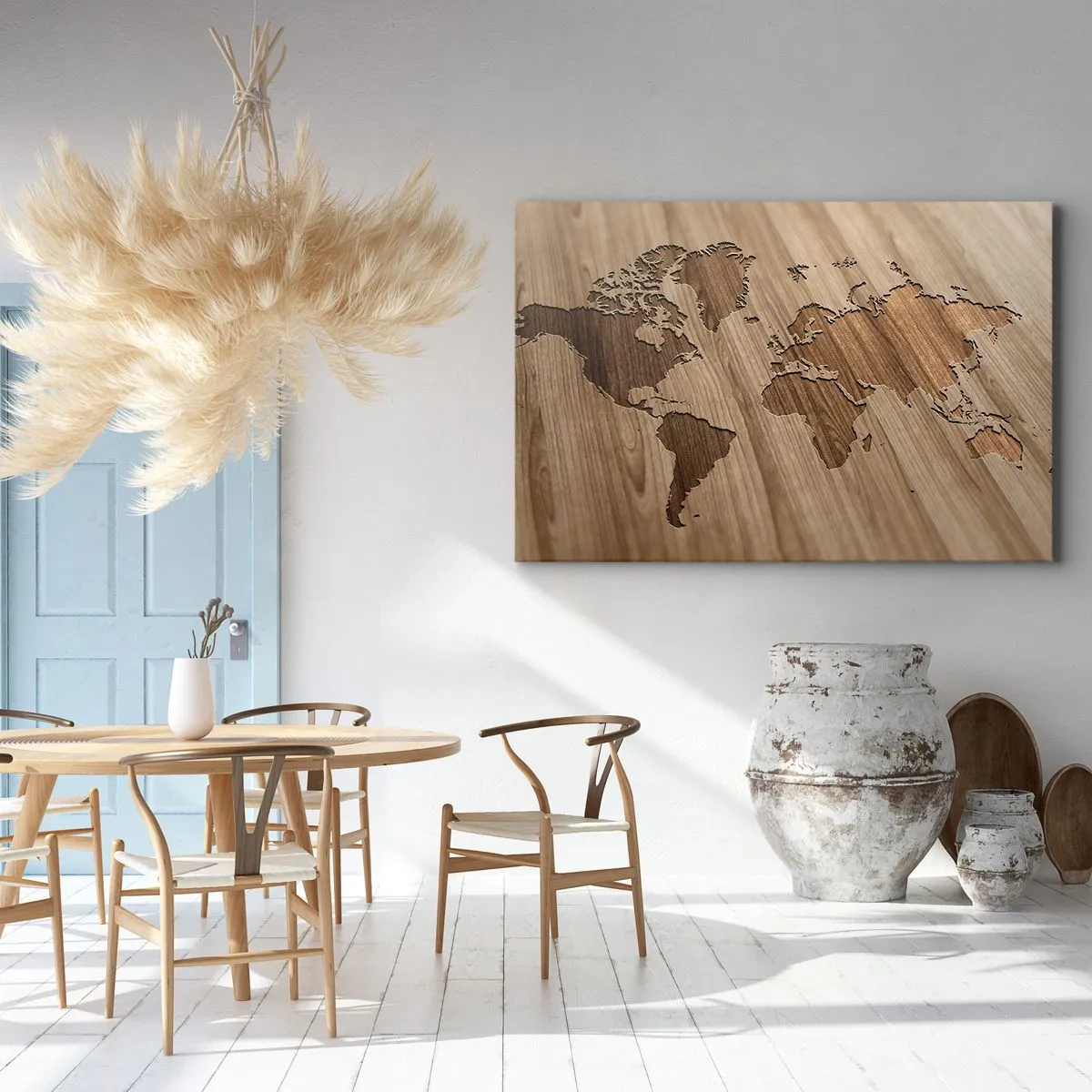 Obraz na plátně - Mapa světa vystřižená na dřevěné desce - 70x50cm - Svět podaný na stole - Moderní nástěnná dekorace do obývacího pokoje a ložnice ARTTOR