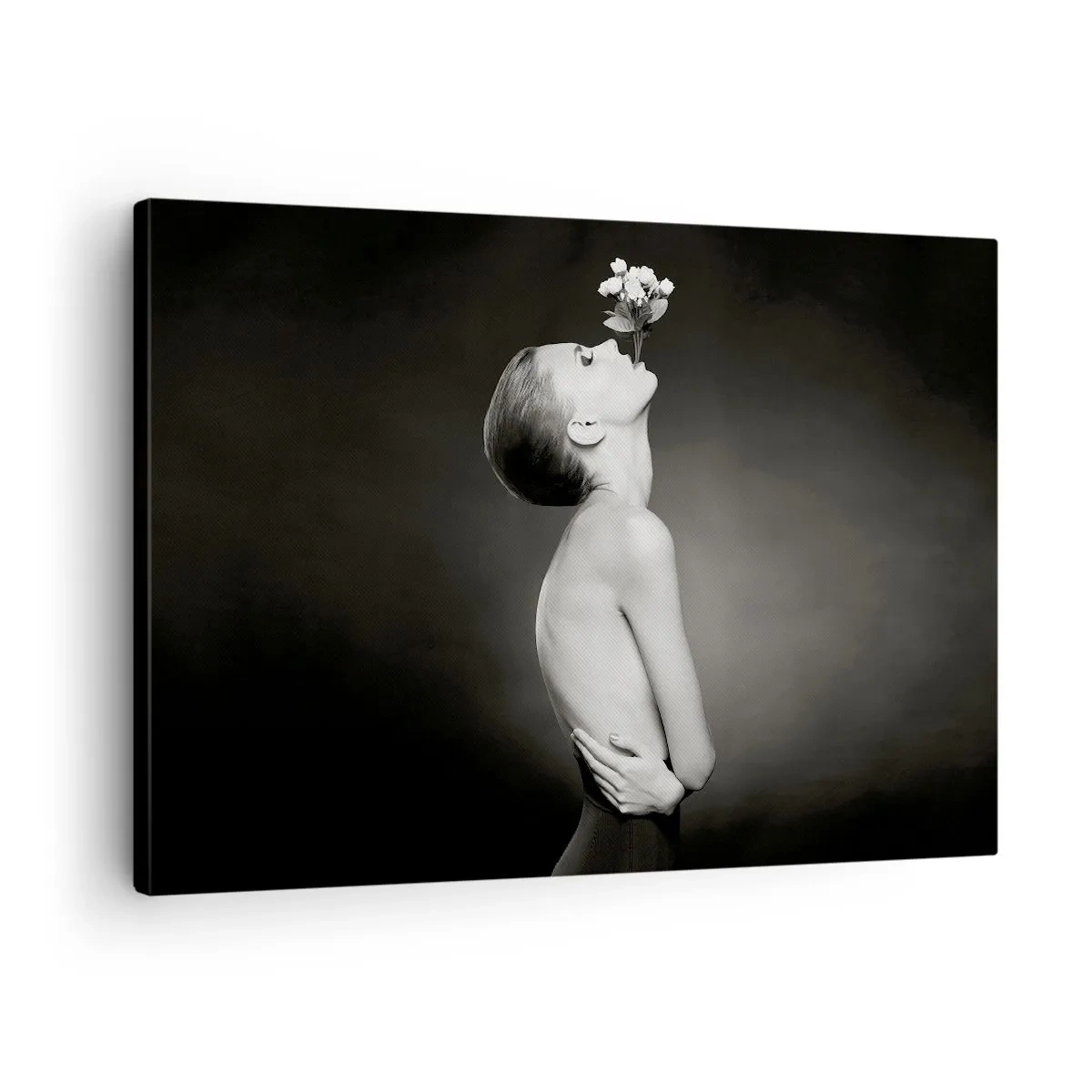 Obraz na plátně - Černá a bílá silueta ženy s květinou - 70x50cm - Excentrická elegance - Moderní nástěnná dekorace do obývacího pokoje a ložnice ARTTOR