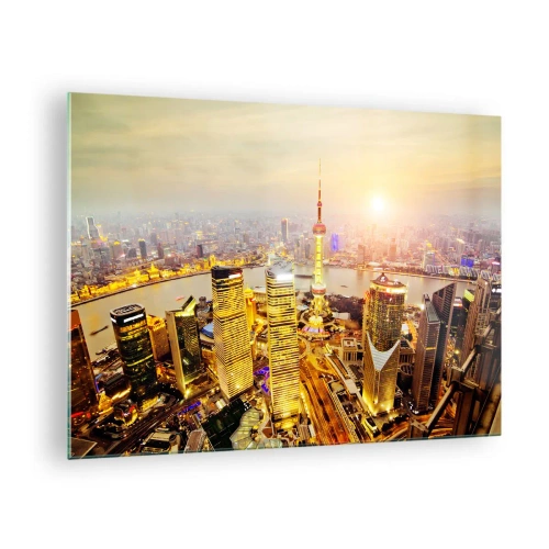 Obraz na skle - Panorama města při západu slunce s mrakodrapy - 70x50cm - Asijský sen - Moderní nástěnná dekorace do obývacího pokoje a ložnice ARTTOR