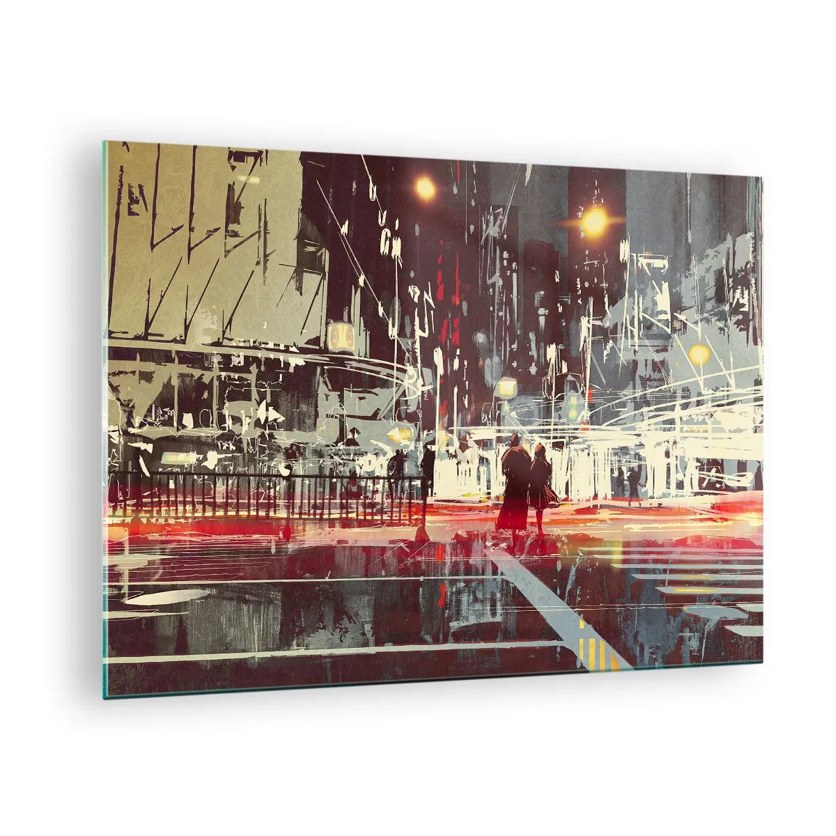 Obraz na skle - Noční městská krajina s neonovými světly a siluetami kolemjdoucích - 70x50cm - Velkoměstská doprava - Moderní nástěnná dekorace do obývacího pokoje a ložnice ARTTOR