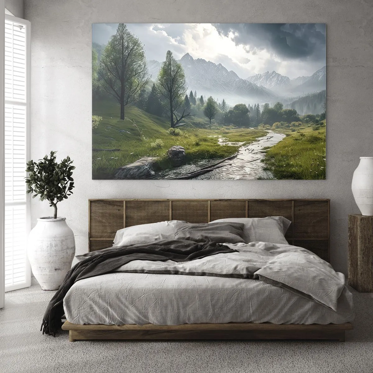 Obraz na skle - Horská krajina s potokem a zeleným údolím ráno - 70x50cm - Tam a zpět - Moderní nástěnná dekorace do obývacího pokoje a ložnice ARTTOR