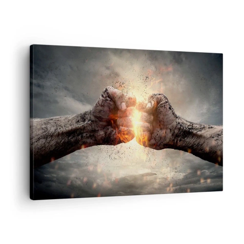 Obraz na plátně - Zaťaté pěsti v dynamické scéně s požárem - 70x50cm - Jdi do války - Moderní nástěnná dekorace do obývacího pokoje a ložnice ARTTOR