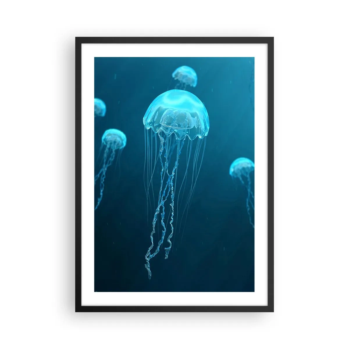 Plakát v černém rámu - Medúzy plovoucí v modrých vodách oceánu - 50x70cm - Oceánský tanec - Moderní nástěnná dekorace do obývacího pokoje a ložnice ARTTOR