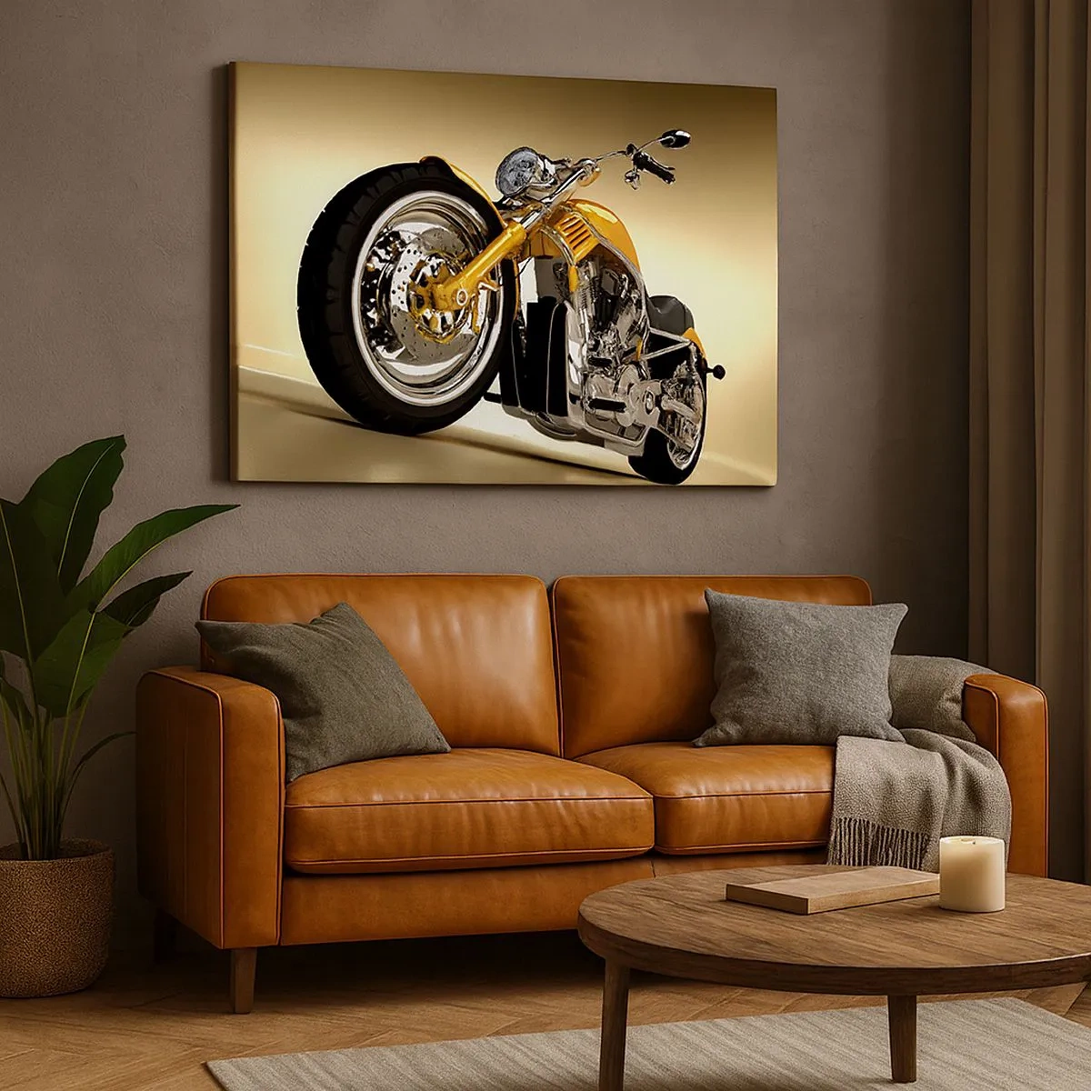 Obraz na plátně - Žlutý motocykl ve stylu chopperu proti béžové zdi - 70x50cm - Sen o síle a rychlosti - Moderní nástěnná dekorace do obývacího pokoje a ložnice ARTTOR