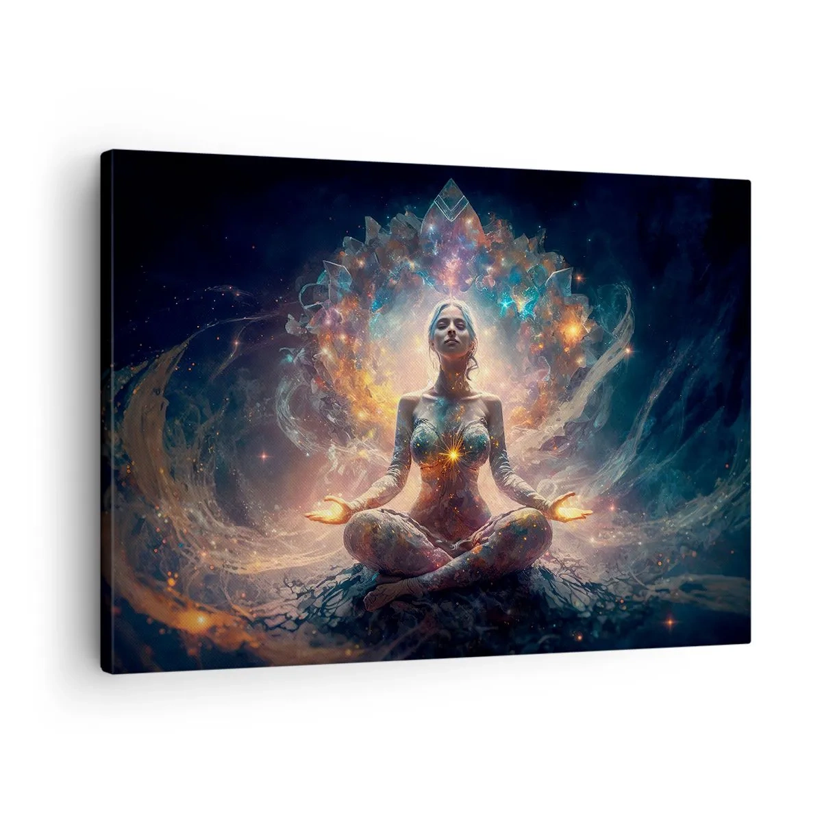 Obraz na plátně - Meditující postava obklopená energetickými vzory a barvami. - 70x50cm - Proudění dobré energie - Moderní nástěnná dekorace do obývacího pokoje a ložnice ARTTOR