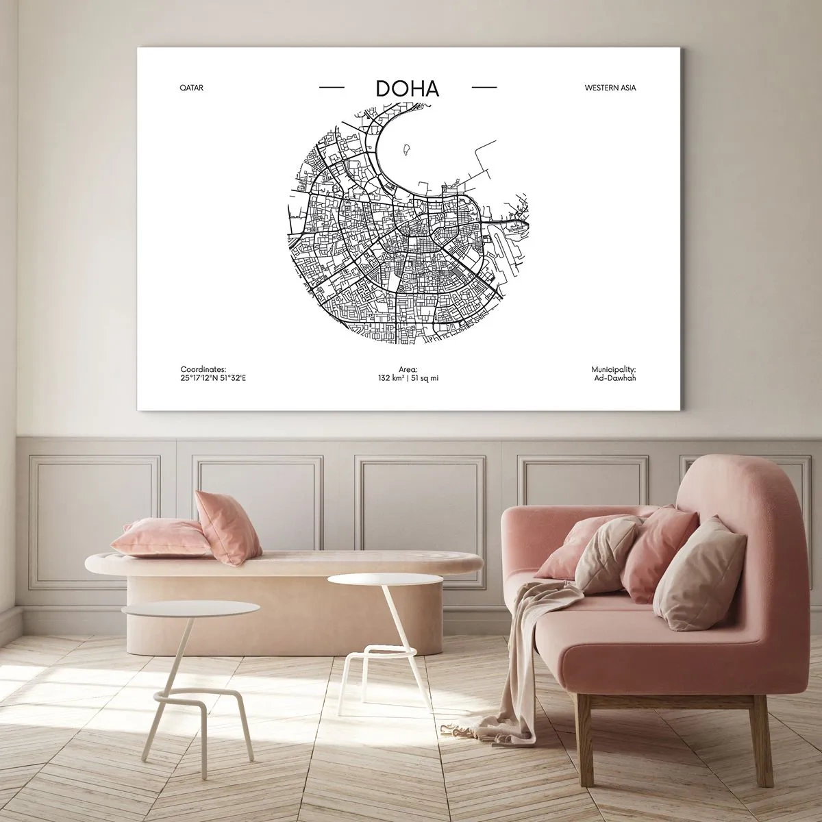 Obraz na skle - Grafická mapa Dauhá v minimalistickém černobílém stylu. - 70x50cm - Anatomie Dauhá - Moderní nástěnná dekorace do obývacího pokoje a ložnice ARTTOR