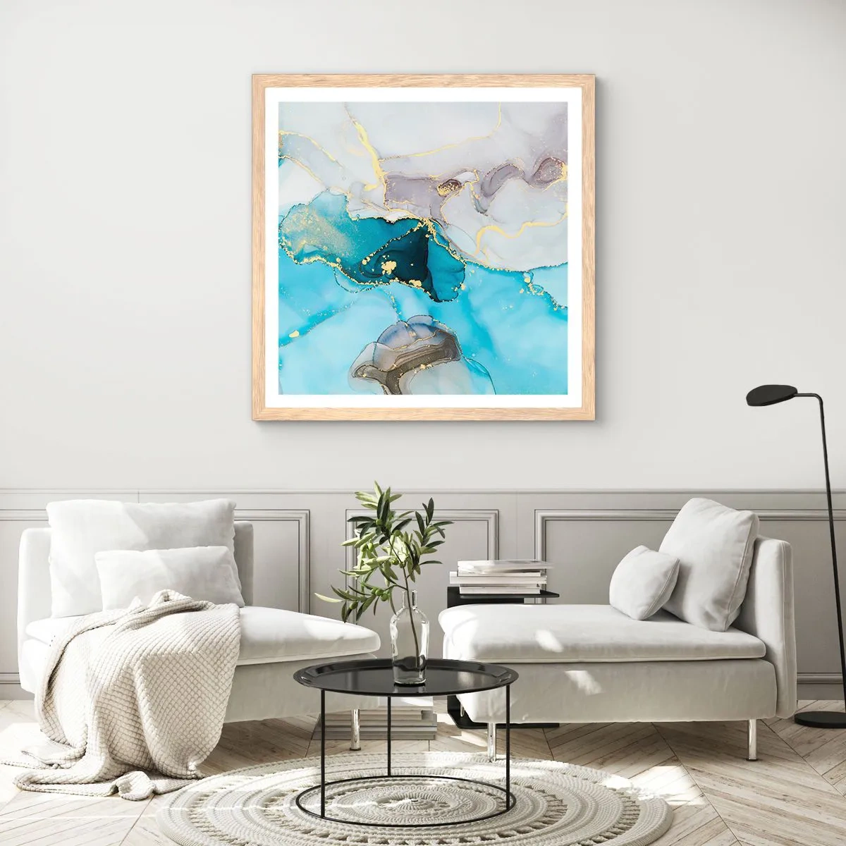 Plakát v rámu světlý dub - Studie o setkání šedé a tyrkysové - 60x60 cm