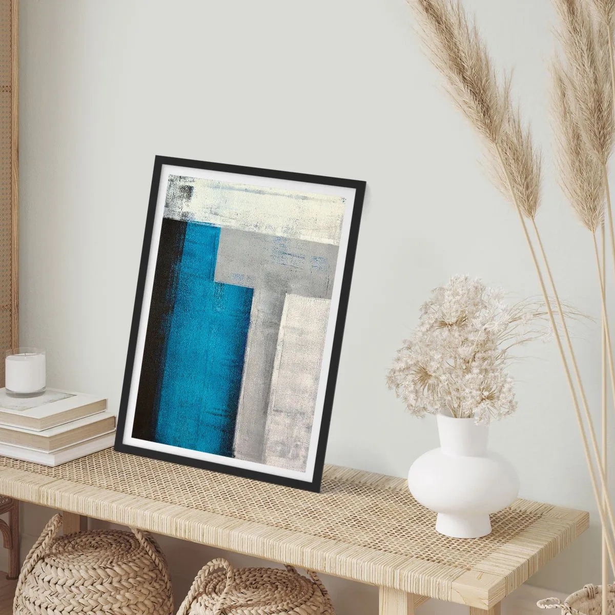 Plakát v černém rámu - Geometrická abstrakce v odstínech modré a šedé - 50x70cm - Poetická kompozice šedé a modré - Moderní nástěnná dekorace do obývacího pokoje a ložnice ARTTOR