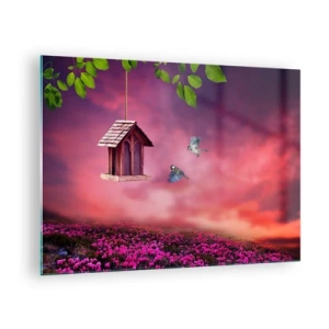 Obraz na skle - Krmítko pro ptáky proti růžové obloze - 70x50cm - Pozvání na večeři - Moderní nástěnná dekorace do obývacího pokoje a ložnice ARTTOR