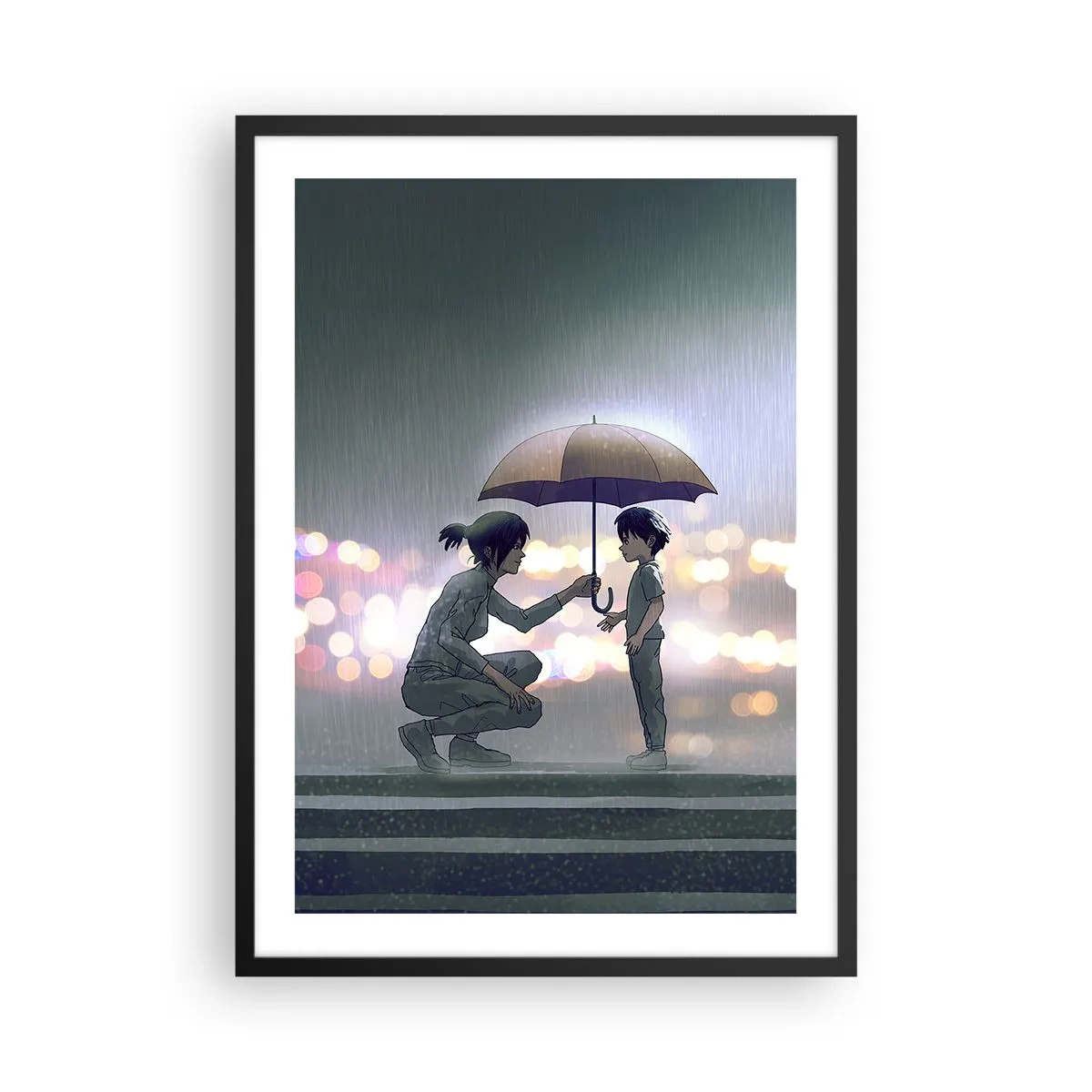 Plakát v černém rámu - Dospělý podává dítěti deštník na deštivém pozadí - 50x70cm - A vše je v pořádku - Moderní nástěnná dekorace do obývacího pokoje a ložnice ARTTOR