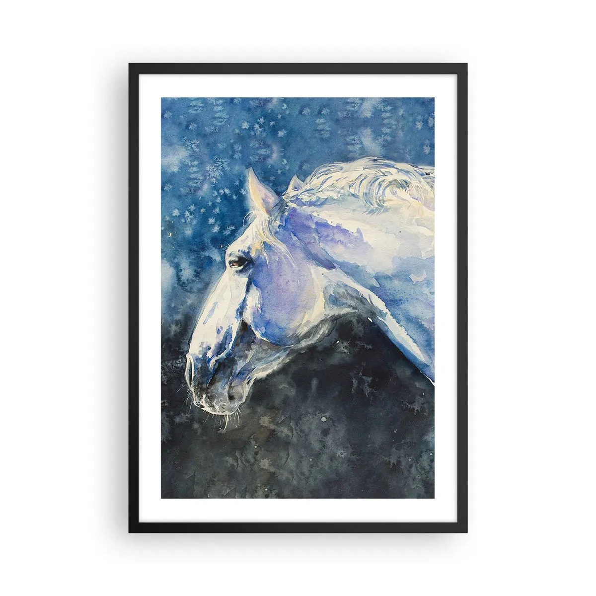 Plakát v černém rámu - Portrét koně v modrých akvarelových tónech - 50x70cm - Portrét v modré záři - Moderní nástěnná dekorace do obývacího pokoje a ložnice ARTTOR