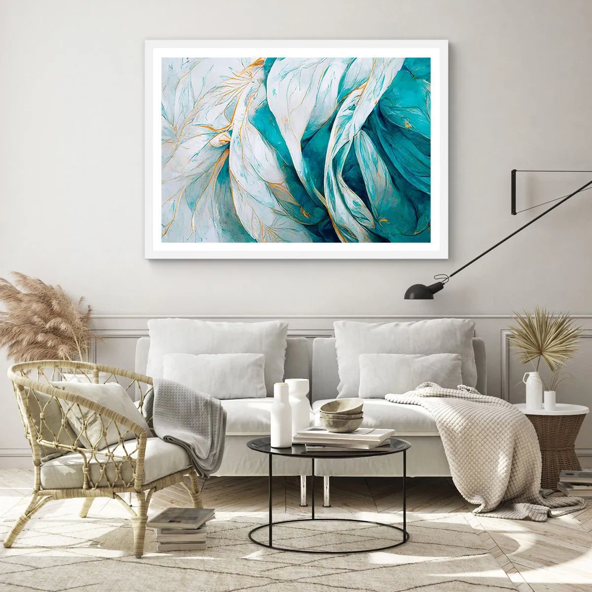 Plakát v bílém rámu - Modrá abstrakce se zlatým motivem - 50x40 cm