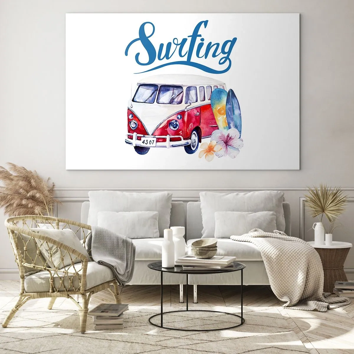 Obraz na skle - Surfařské téma s dodávkou a prkny - 70x50cm - Okurka - klasika pro surfaře - Moderní nástěnná dekorace do obývacího pokoje a ložnice ARTTOR