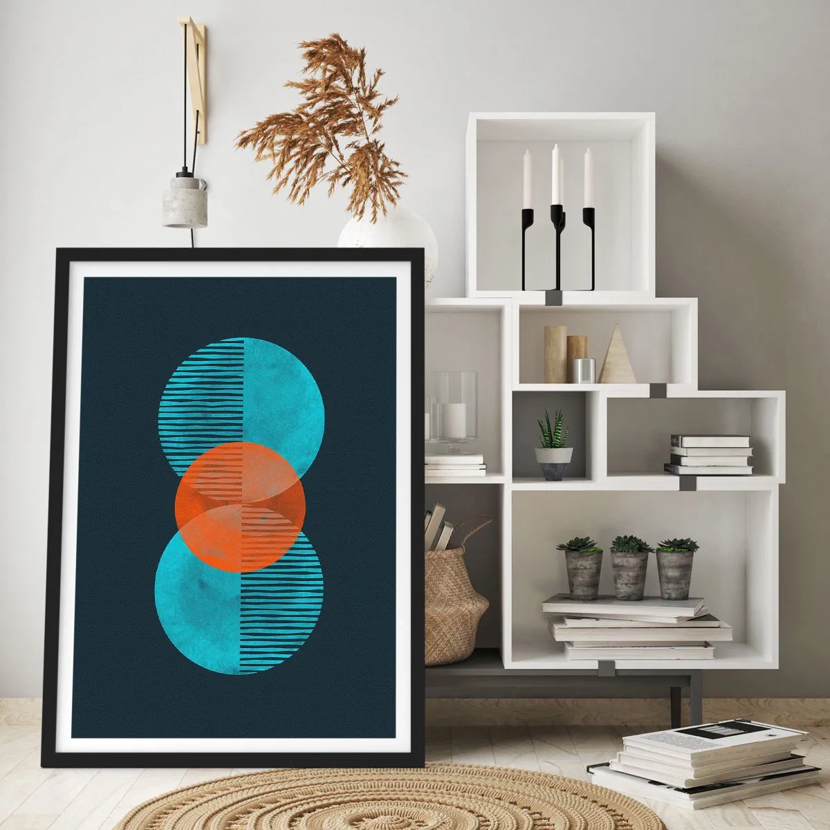 Plakát v černém rámu - Symetrické kruhy v odstínech modré a oranžové s čarami - 50x70cm - Symetrická kompozice - Moderní nástěnná dekorace do obývacího pokoje a ložnice ARTTOR